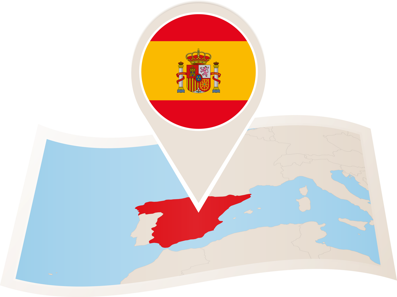 Folded paper map of Spain with flag pin of Spain.
